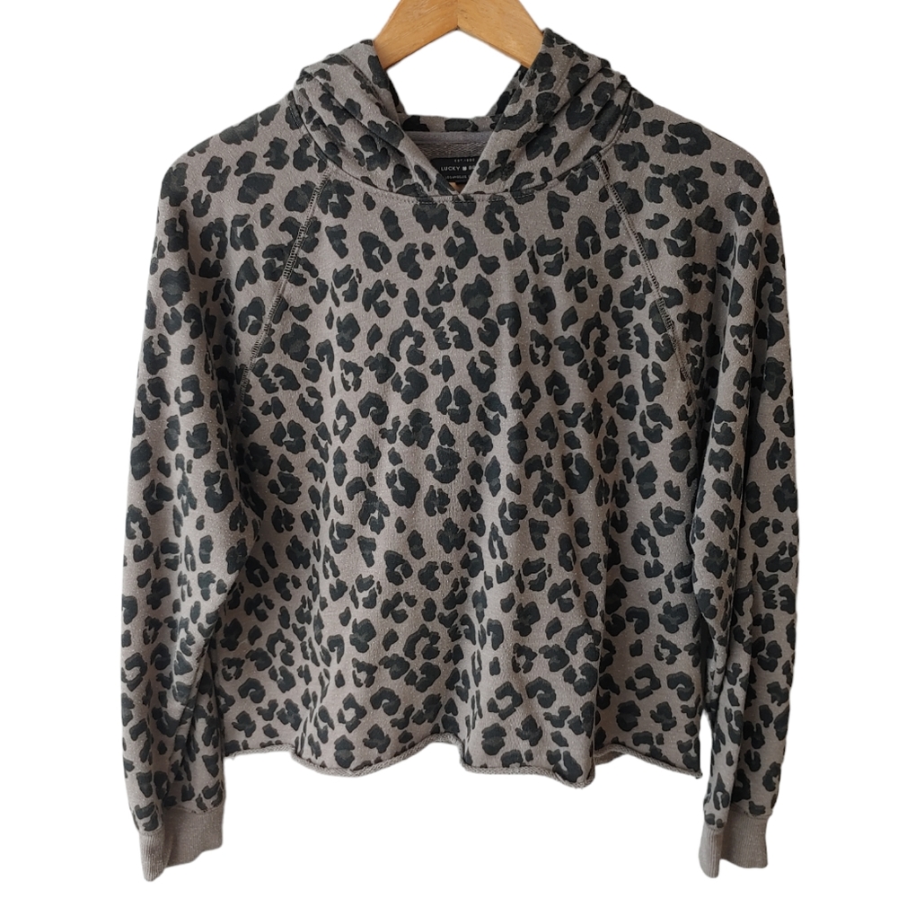 Lucky Brand Grey and Black Leopard Animal Print Cropped Hoodie Size M